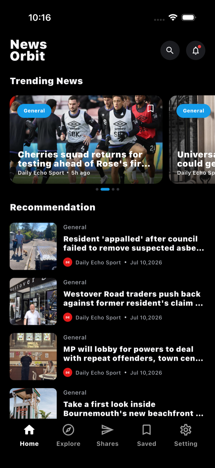 News Orbit home screen showing trending and recommended stories