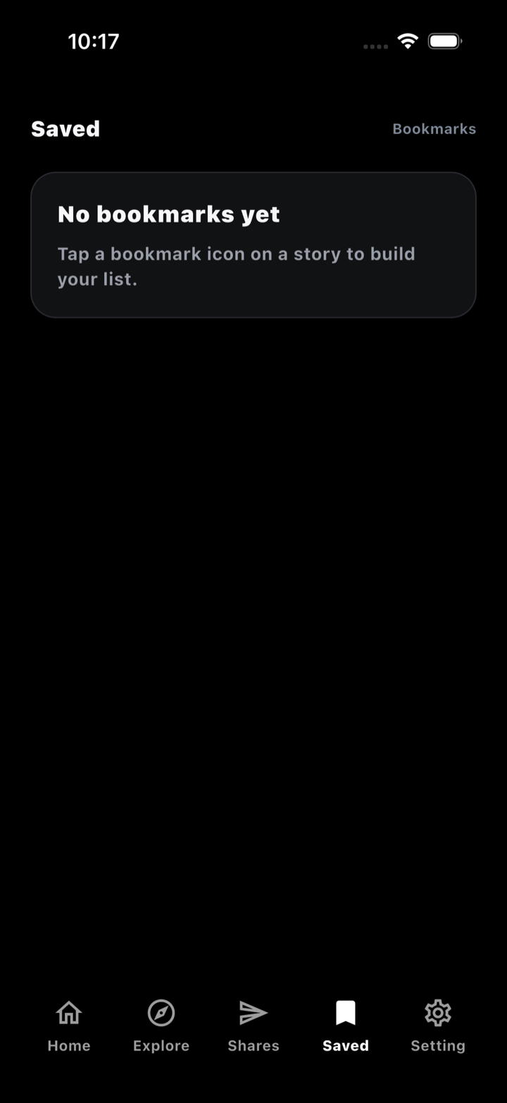 News Orbit Saved screen for bookmarked stories